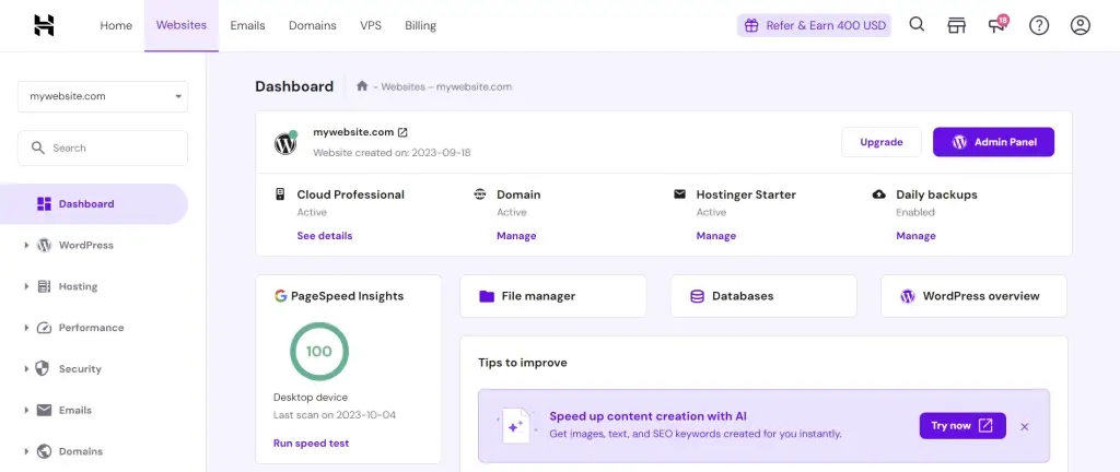 hostinger for wordpress - hPanel Control Panel